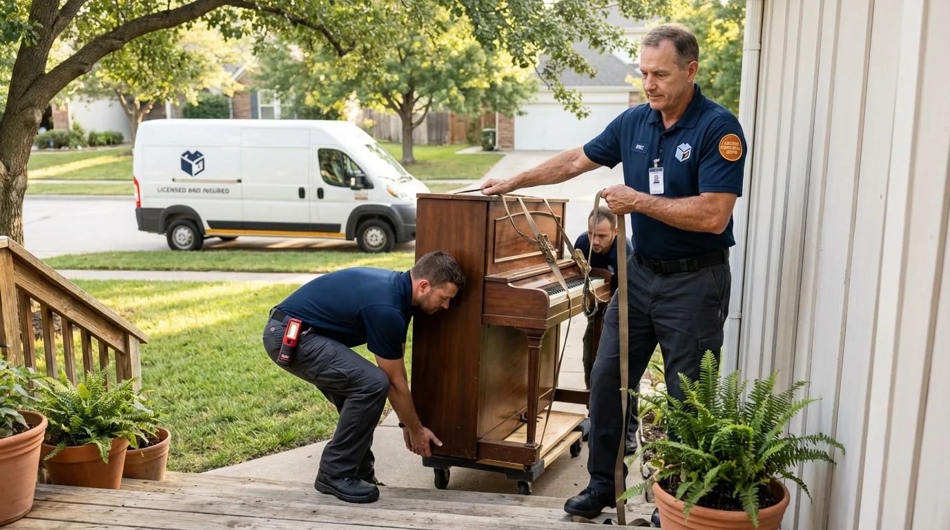 Licensed piano movers securing grand piano in Yorkville, NY