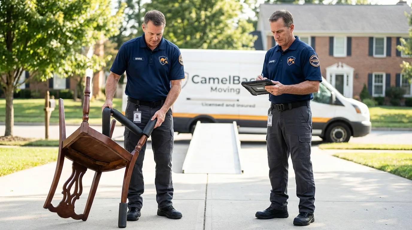 Movers inspecting furniture for damage prevention before loading in Yorkville, NY