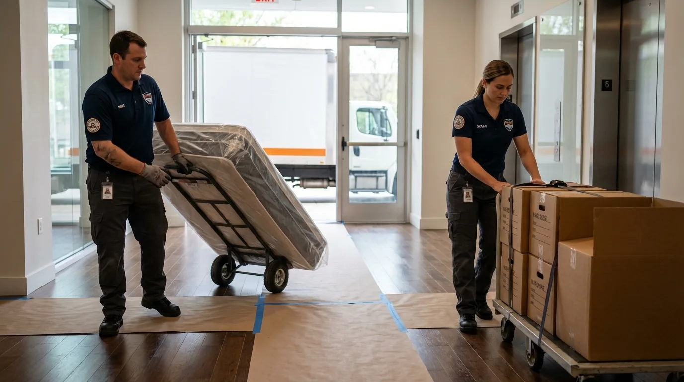 Professional apartment movers loading elevator in Yorkville, NY