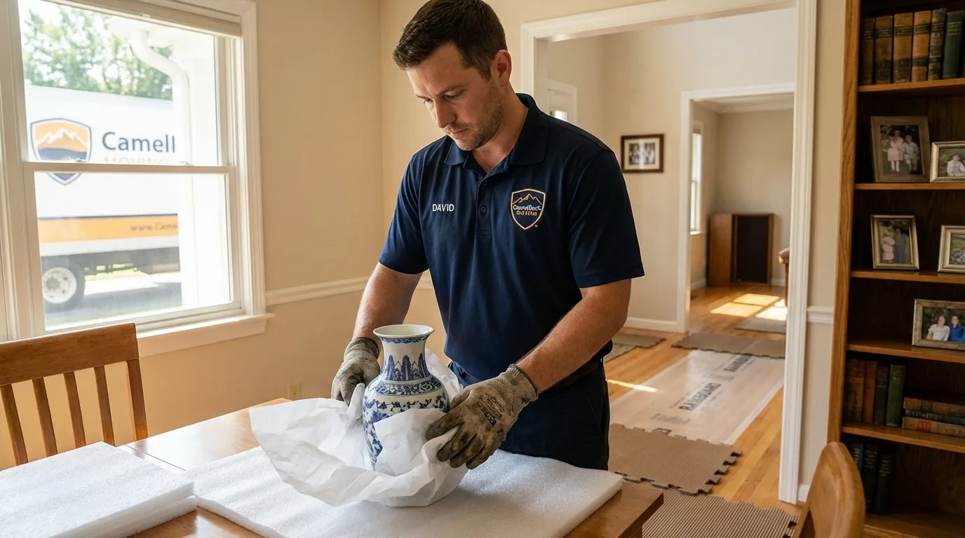 Professional crew carefully wrapping antique vase for senior downsizing move in Yorkville, NY