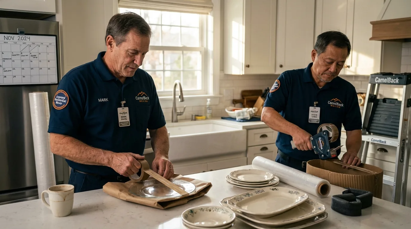 Professional crew packing kitchen dishware in Yorkville, NY